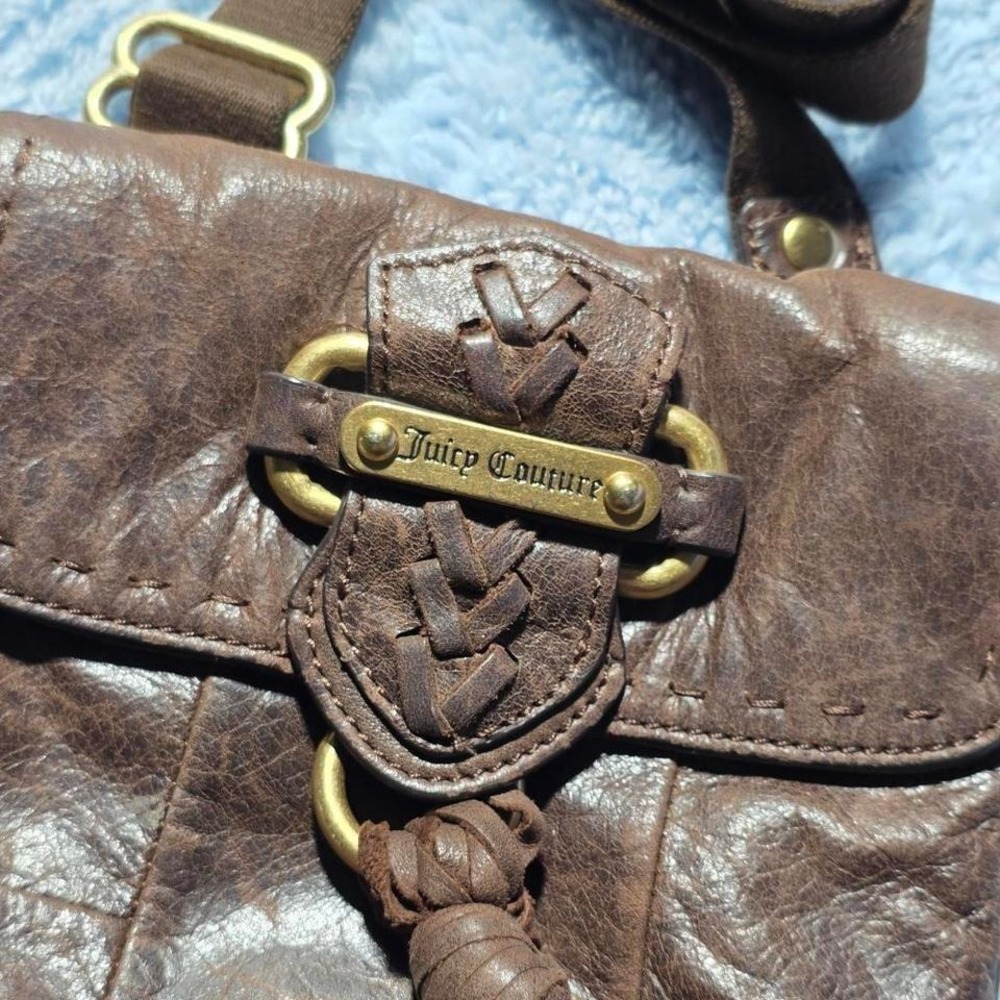 Y2K Juicy Couture Brown Leather Shoulder Bag Tassel Braided Accent Magnetic - Picture 3 of 8